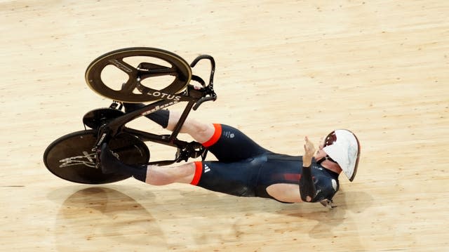 Great Britain’s Jack Carlin crashes at the velodrome. 