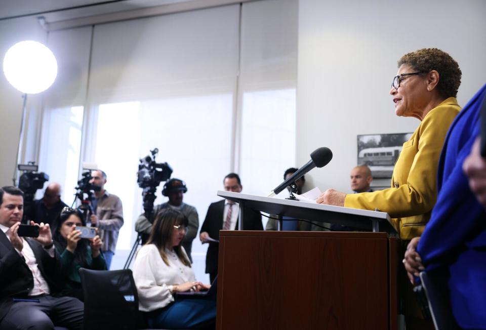 Los Angeles Mayor Karen Bass speaks at a press conference with Metro leaders to introduce a motion to