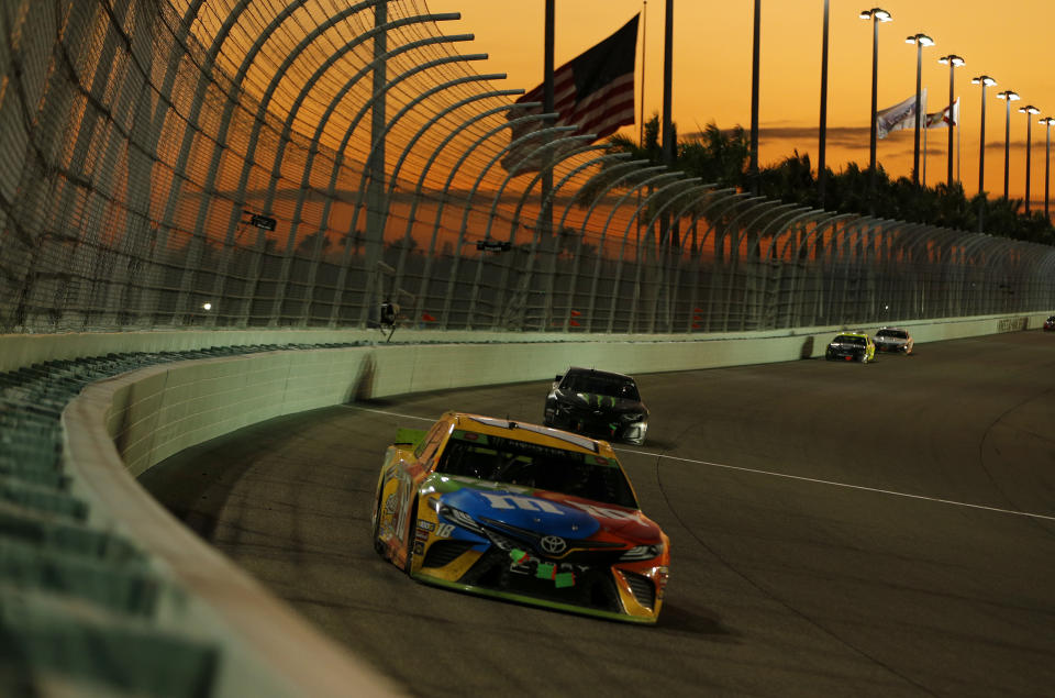 HOMESTEAD, FLORIDA - NOVEMBER 17: Kyle Busch, driver of the #18 M&M's Toyota, drives during the Monster Energy NASCAR Cup Series Ford EcoBoost 400 at Homestead Speedway on November 17, 2019 in Homestead, Florida. (Photo by Jonathan Ferrey/Getty Images)