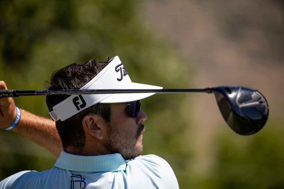 Jay Card III hits from a tee box during the Utah Championship, part of the PGA Korn Ferry Tour, at Oakridge Country Club in Farmington on Saturday, Aug. 5, 2023. | Spenser Heaps, Deseret News