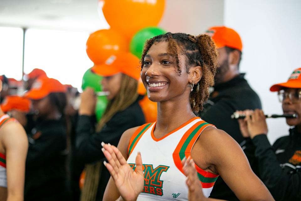 The FAMU Marching 100 and cheerleaders perform in the Capitol during FAMU Day on Thursday, April 13, 2023. 