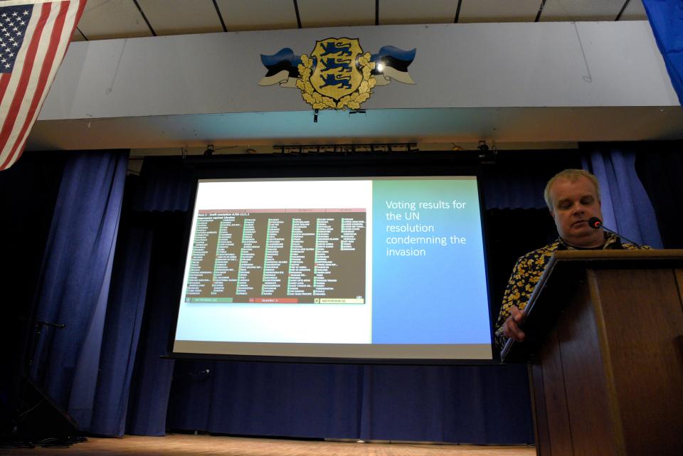 Andres Simonson of the Estonian American National Council gives a presentation on the geopolitics surrounding the war in Ukraine during a fundraiser for Ukraine at the Lakewood Estonian House on Saturday, May 14, 2022 in Jackson, New Jersey. 