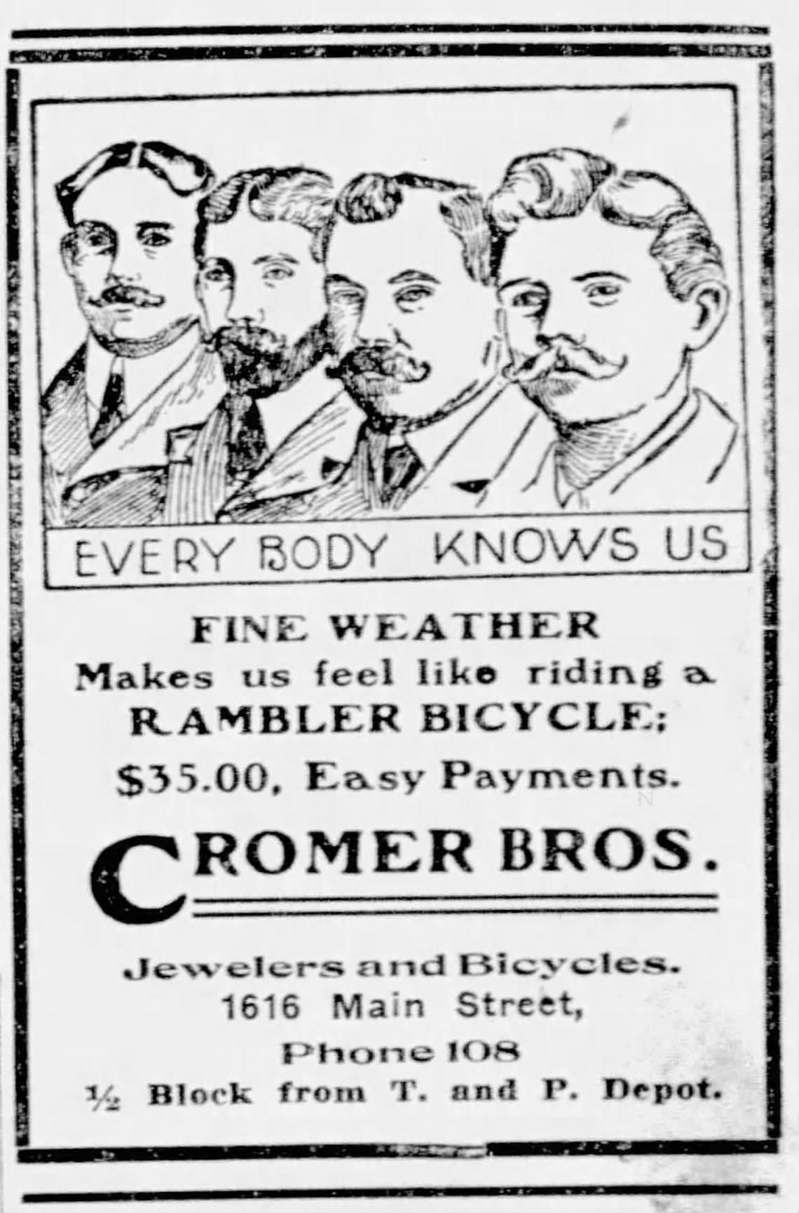 Henry R. Cromer built a successful business in bicycle sales and repair, with jewelry sales as an unusual sideline. His sons, depicted in this 1903 Star-Telegram ad, continued the bicycle and jewelry business after their father’s short-lived attempt to sell Rambler cars failed.