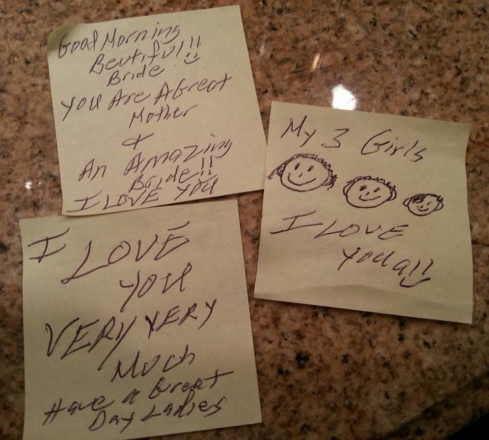 "My loving husband of six years&nbsp;often leaves me and our little daughters love notes on our bathroom mirror. He leaves really early in the morning for work so I always wake up to a sweet note in the morning!"