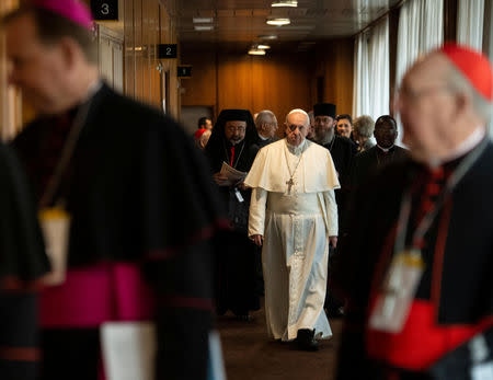 Pope Francis is seen as the four-day meeting on the global sexual abuse crisis takes place at the Vatican February 22, 2019. Vatican Media/­Handout via REUTERS