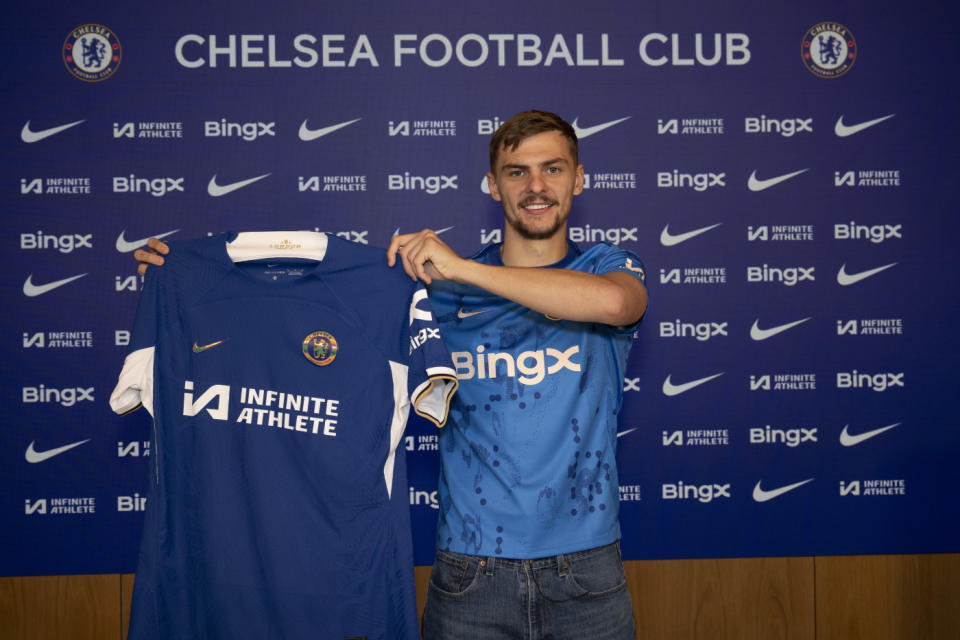 Kiernan Dewsbury-Hall at his Chelsea unveiling.