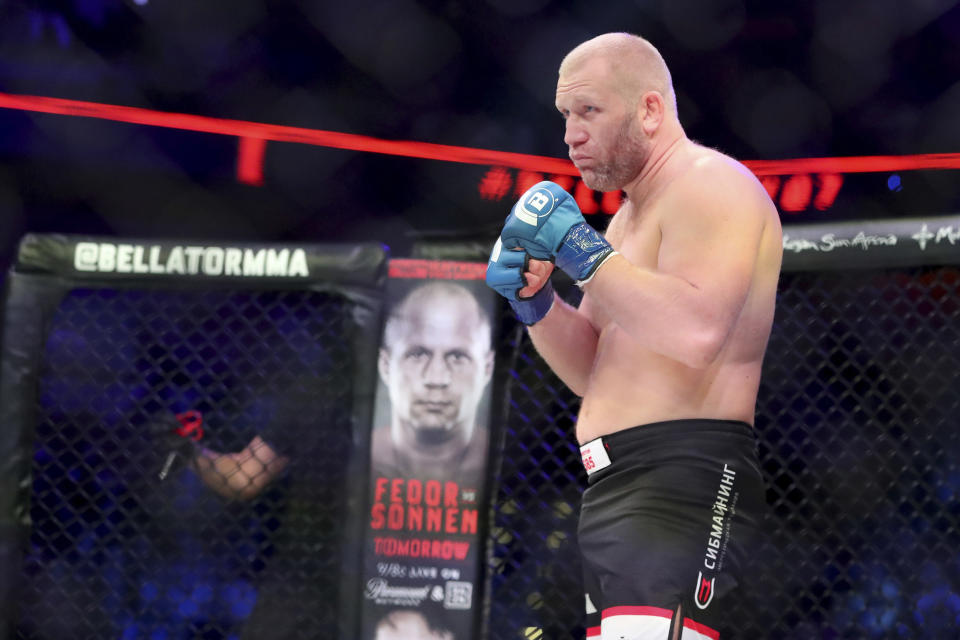 Bellator 215’s main event was cut short after a low blow. (AP Photo/Gregory Payan)