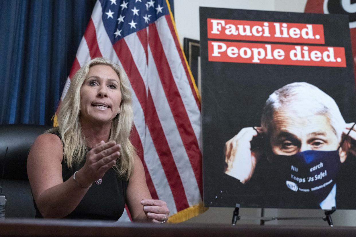 Rep. Marjorie Taylor Greene, R-Ga., talks to the media about her suspend accounts on Twitter, during a news conference, on Capitol Hill in Washington, Tuesday, July 20, 2021. (Jose Luis Magana/AP Photo)