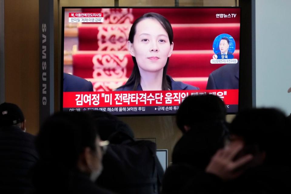 A TV screen shows Kim Yo-jong, the powerful sister of North Korean leader Kim Jong-un, during a news program at the Seoul railway station (AP)