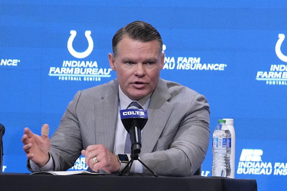 Indianapolis Colts General Manager Chris Ballard, speaks during a news conference, Tuesday, Feb. 14, 2023, in Indianapolis. Shane Steichen was introduced as the Colts new head coach. (AP Photo/Darron Cummings)