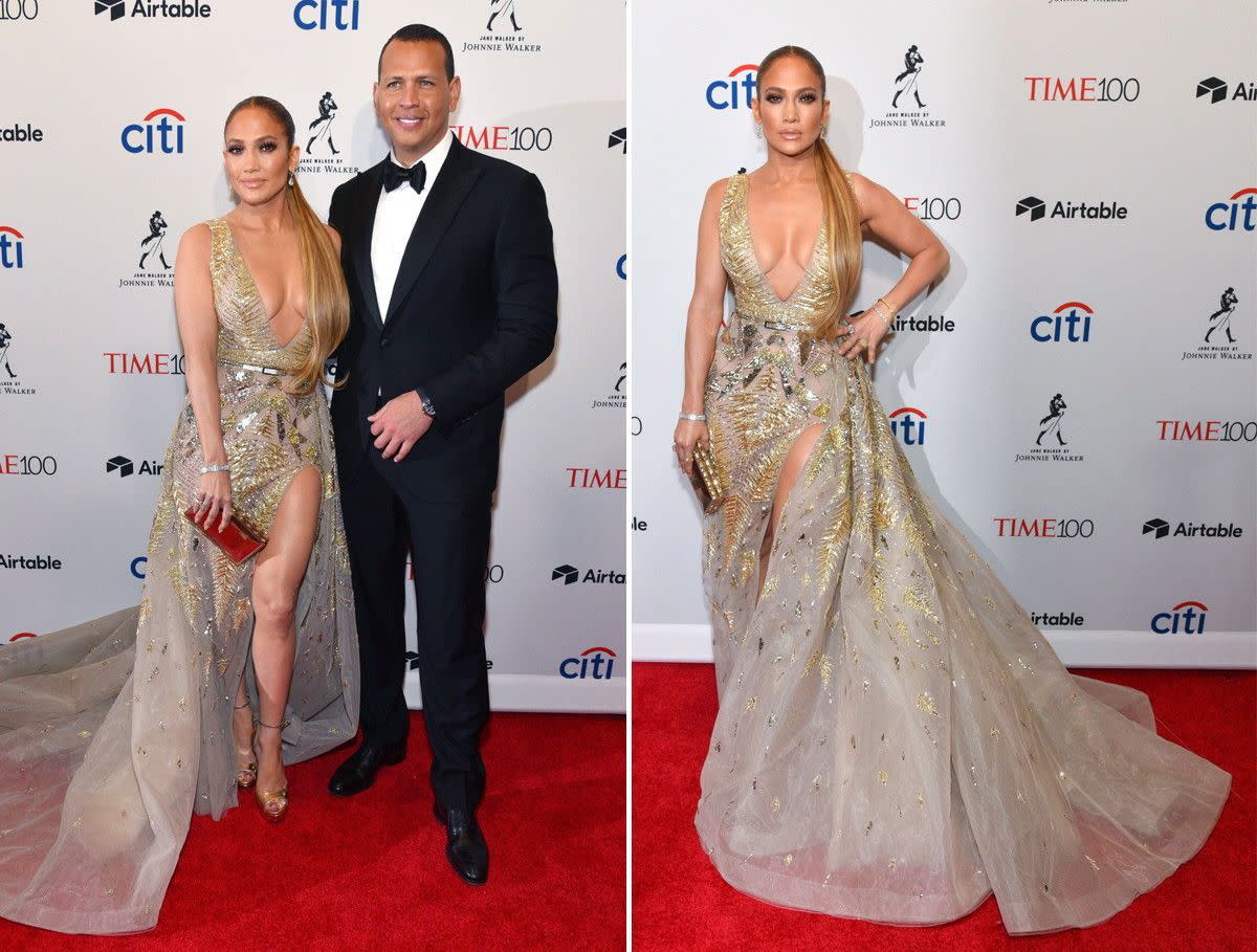 Before hitting the stage at the Time 100 Gala, Jennifer Lopez stunned in a plunging gold Zuhair Murad dress alongside beau Alex Rodriguez. The 48-year-old entertainer was named of the most influential people by Time magazine.