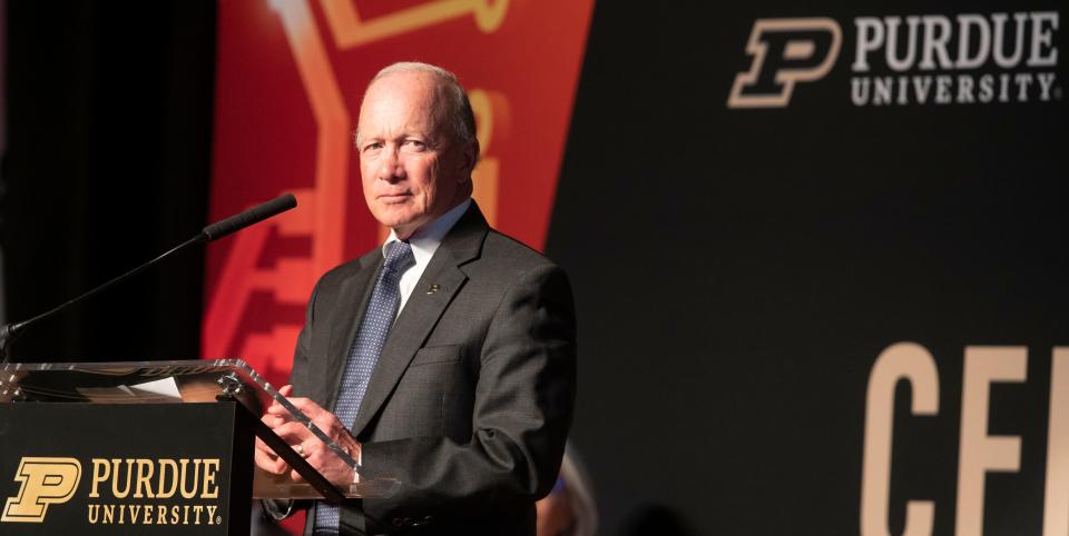Former Governor of Indiana and Purdue University President Mitch Daniels speaks during the announcement of the partnership between Purdue University and SK hynix, Wednesday, April 3, 2024, at Purdue Memorial Union in West Lafayette, Ind.