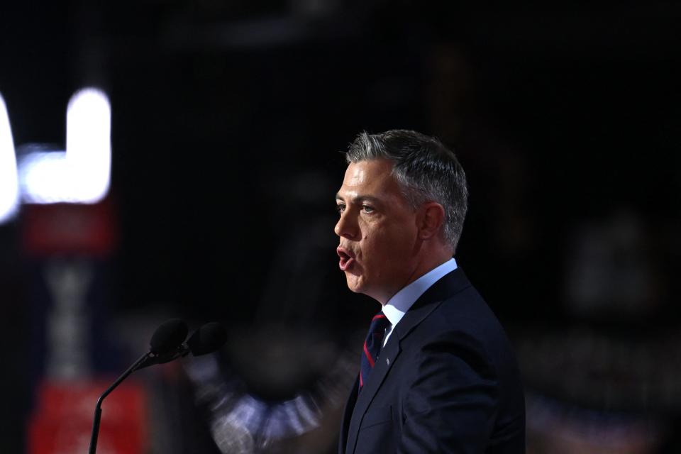 US Representative (R-IN) Jim Banks speaks during the second day of the 2024 Republican National Convention at the Fiserv Forum in Milwaukee, Wisconsin, July 16, 2024. Days after he survived an assassination attempt Donald Trump won formal nomination as the Republican presidential candidate and picked right-wing loyalist J.D. Vance for running mate, kicking off a triumphalist party convention in the wake of last weekend's failed assassination attempt.