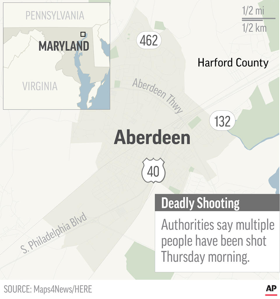 Map locates Aberdeen, Maryland, where a mass shooting has been reported; 2c x 3 1/2 inches; 96.3 mm x 88 mm;