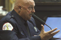 Chicago Fired Department paramedic Mark Smith testifies during the trial for the shooting death of Laquan McDonald by Chicago police Officer Jason Van Dyke at the Leighton Criminal Court Building Wednesday, Sept. 19, 2018, in Chicago. (John J. Kim/Chicago Tribune via AP, Pool)