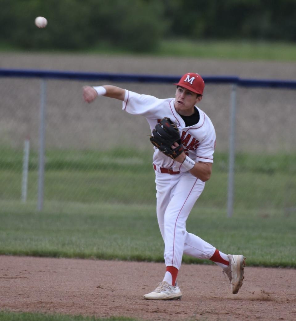 Monroe shortstop Owen Yount fires to first base in the Regional semifinals against Woodhaven Wednesday. Monroe won 3-1.