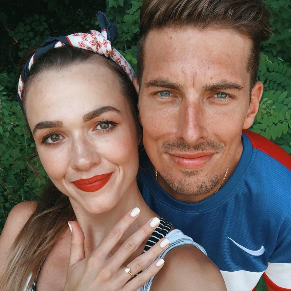 A selfie of Home and Away star Demi Harman and fiancé Andrew Brooks where Demi show's off her engagement ring. Photo: Instagram/andrewtbrooks.