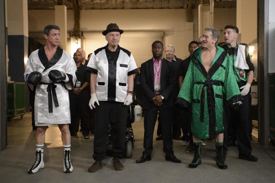 This image released by Warner Bros. Pictures shows, from left, Sylvester Stallone as Henry "Razor" Sharp, Alan Arkin as Louis "Lightning" Conlon, Kevin Hart as Dante Slate, Jr., Robert De Niro as Billy 'The Kid' McDonnen and Jon Bernthal as B.J. in a scene from "Grudge Match." (AP Photo/Warner Bros. Pictures, Ben Rothstein)