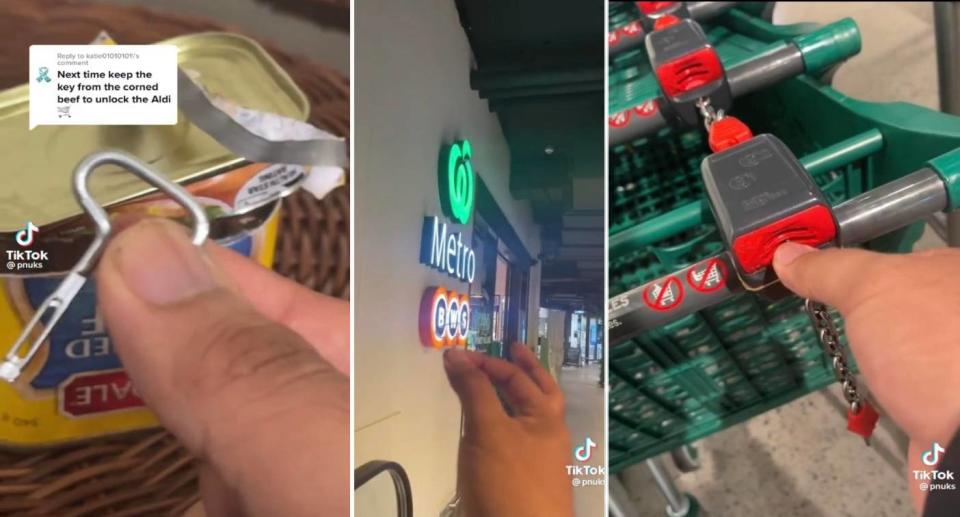 Screenshots from TikTok in which corned beef key is tested on Woolworths trolley
