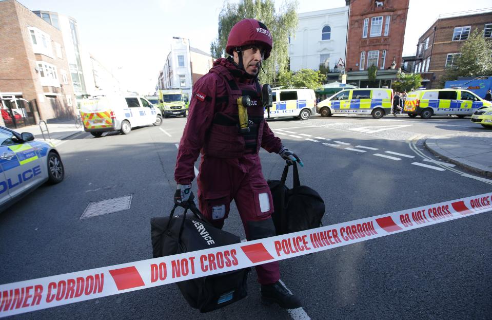 <p>Members of the emergency services work near Parsons Green underground tube station in west London on Sept. 15, 2017, following an incident on an underground tube carriage at the station. (Photo: Daniel Leal-Olivas/AFP/Getty Images) </p>