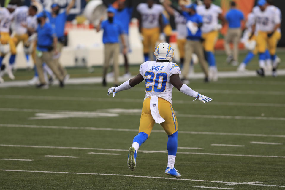 Los Angeles Chargers' Desmond King (20) celebrates after his team defeated the Cincinnati Bengals in an NFL football game, Sunday, Sept. 13, 2020, in Cincinnati. (AP Photo/Aaron Doster)