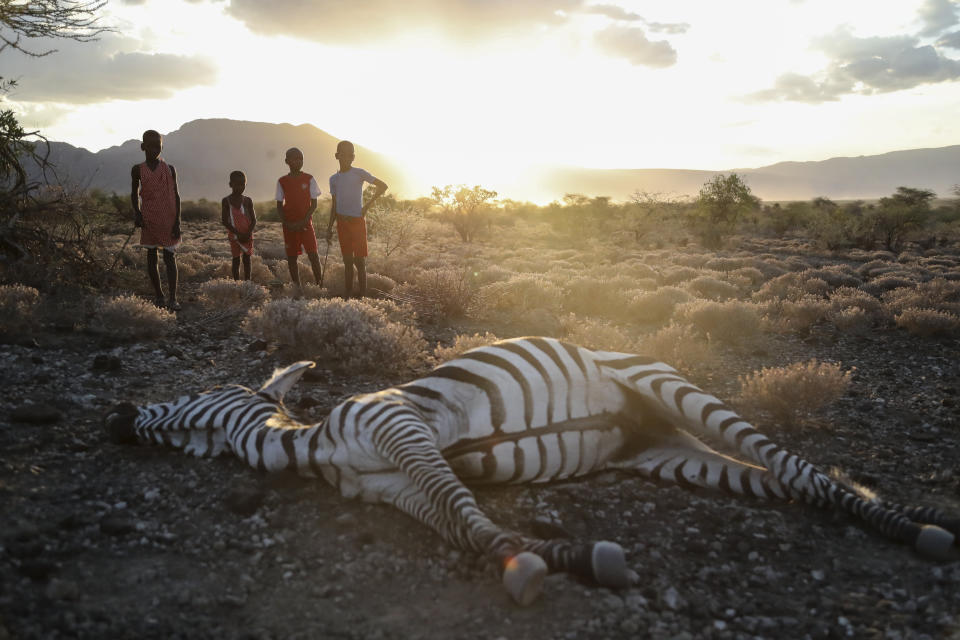 Maasai children stand beside a zebra that local residents said died due to drought, as they graze their cattle at Ilangeruani village, near Lake Magadi, in Kenya, on Wednesday, Nov. 9, 2022. Elections, coups, disease outbreaks and extreme weather are some of the main events that occurred across Africa in 2022. Experts say the climate crisis is hitting Africa “first and hardest.” Kevin Mugenya, a senior food security advisor for Mercy Corps said the continent of 54 countries and 1.3 billion people is facing “a catastrophic global food crisis” that “will worsen if actors do not act quickly.” (AP Photo/Brian Inganga)