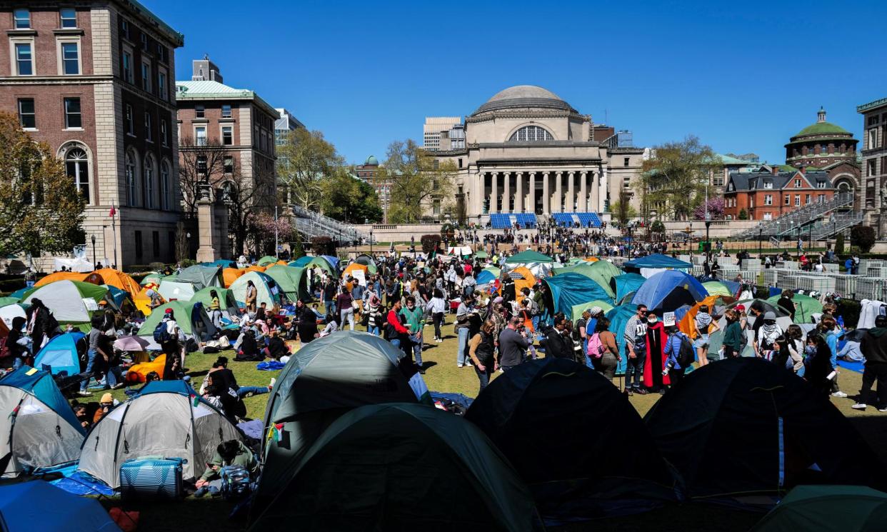 <span>The demonstration at Columbia on Monday afternoon.</span><span>Photograph: Charly Triballeau/AFP/Getty Images</span>