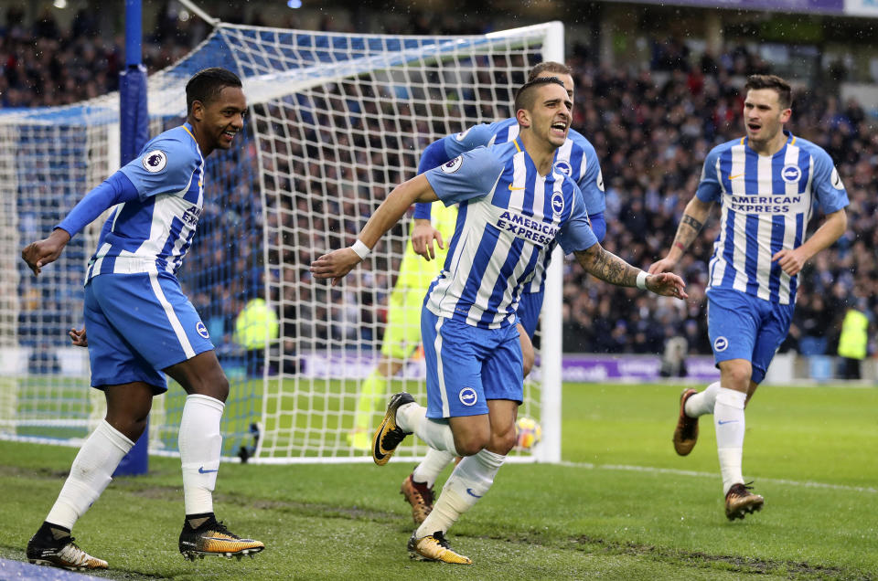 Brighton & Hove Albion’s Anthony Knockaert (centre) celebrates scoring his side’s first goal of the game against Bournemouth