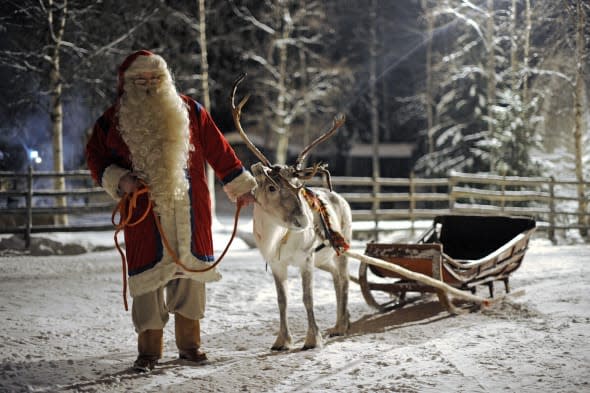 Santa Claus prepars his Reindeer and sle