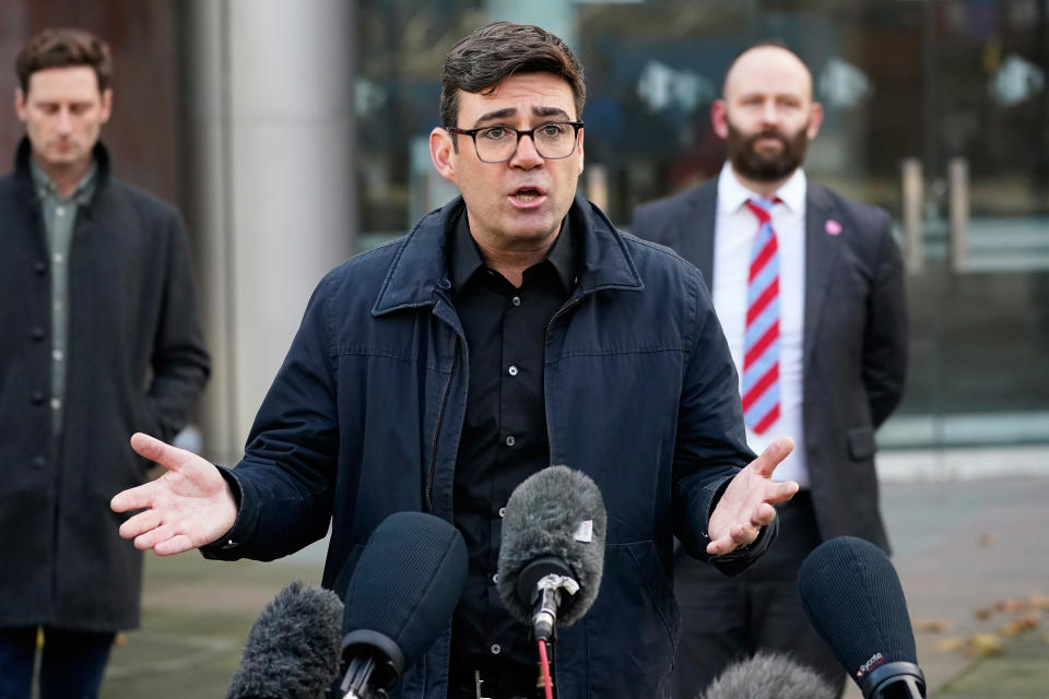 MANCHESTER, UNITED KINGDOM – OCTOBER 20: Greater Manchester mayor Andy Burnham speaks to the media outside Bridgewater Hall, in the shadow of the North West Nightingale Hospital at Manchester Central, on October 20, 2020 in Manchester, England. Talks between the Housing and Communities Minister, Robert Jenrick, and the Manchester Mayor, Andy Burnham, collapsed today after they failed to agree a financial package to help Mancunians whose jobs are threatened by a Tier Three lockdown. (Photo by Christopher Furlong/Getty Images)