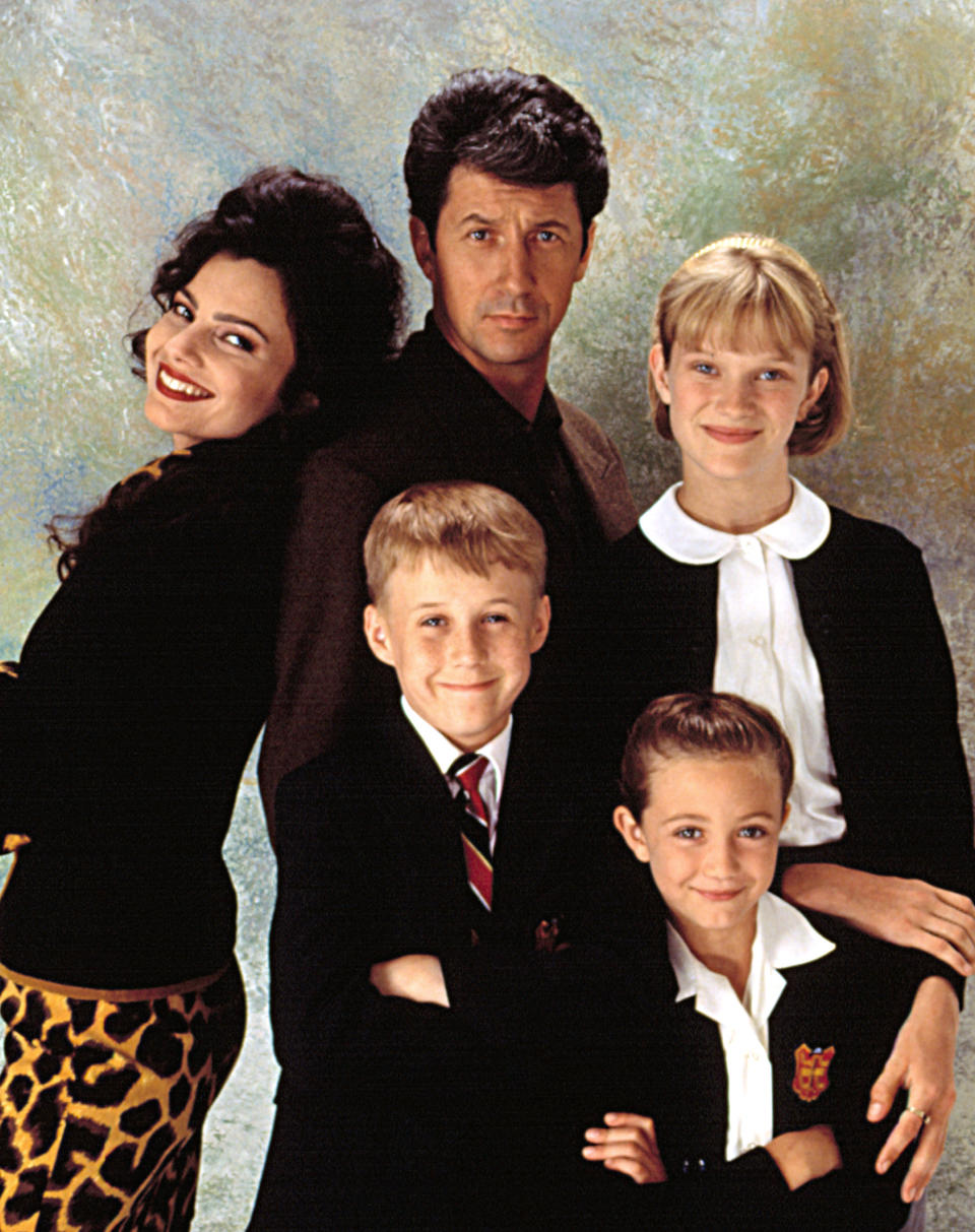 ‘The Nanny’ regular cast, clockwise from top left: Fran Drescher, Charles Shaughnessy, Nicholle Tom, Madeline Zima and Benjamin Sailsbury - Credit: Everett Collection