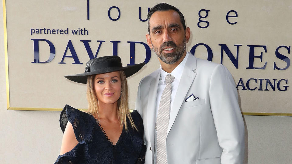 Natalie Croker and Adam Goodes at the races in 2017. Pic: Getty