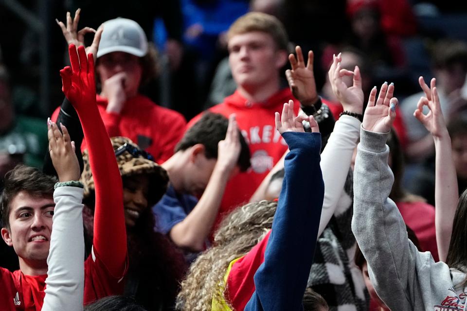 Mar 17, 2023; Columbus, Ohio, USA;  Florida Atlantic Owls fans cheer during the first round of the NCAA men’s basketball tournament against the Memphis Tigers at Nationwide Arena. Mandatory Credit: Adam Cairns-The Columbus Dispatch