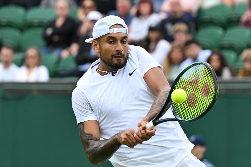 Seen here, Nick Kyrgios playing a shot against Serbia's Filip Krajinovic in the second round at Wimbledon. 