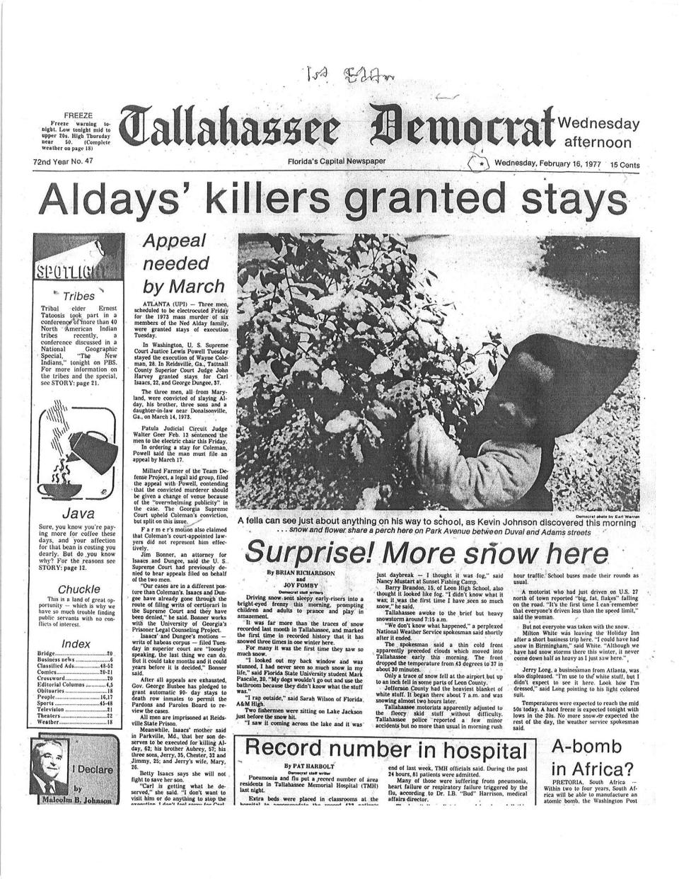The front page from the Tallahassee Democrat on Feb. 16, 1977, shows the snow fall from that morning.