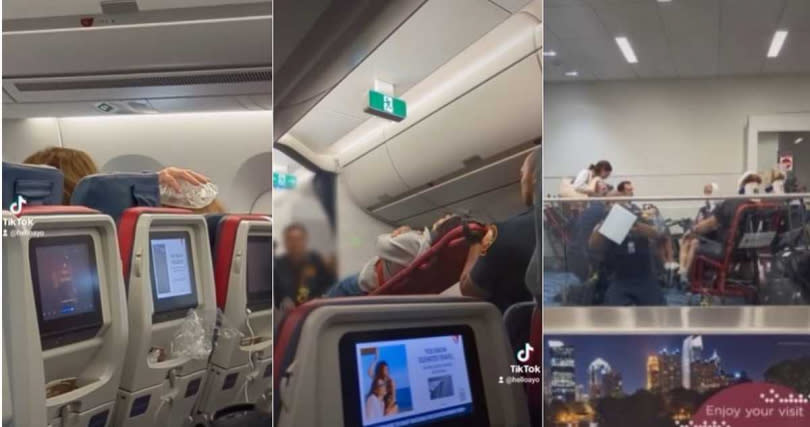女乘客分享事發之後機艙內部、航廈影像，透露多名機組人員均有受傷。（圖／翻攝自Instagram、TikTok）