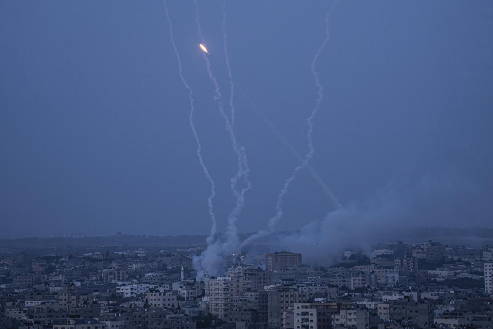 Rockets are launched from the Gaza Strip towards Israel, in Gaza, Wednesday, May 10, 2023. (AP Photo/Fatima Shbair)