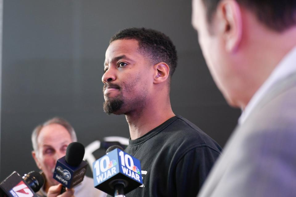 Providence College coach Kim English speaks with the media Sunday evening after learning that the Friars missed the cut for the NCAA Tournament.