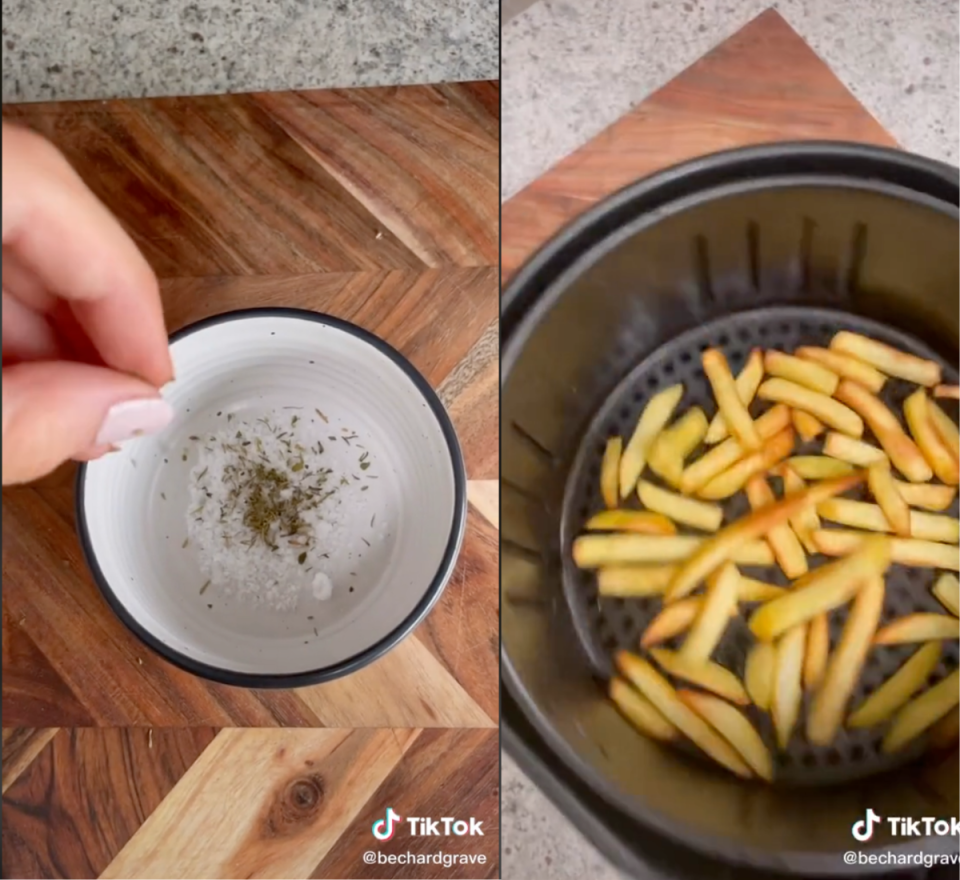 Screenshots from the Woolworth Grill'd chips TikTok hack showing the herb blend and chips in the air fryer basket.