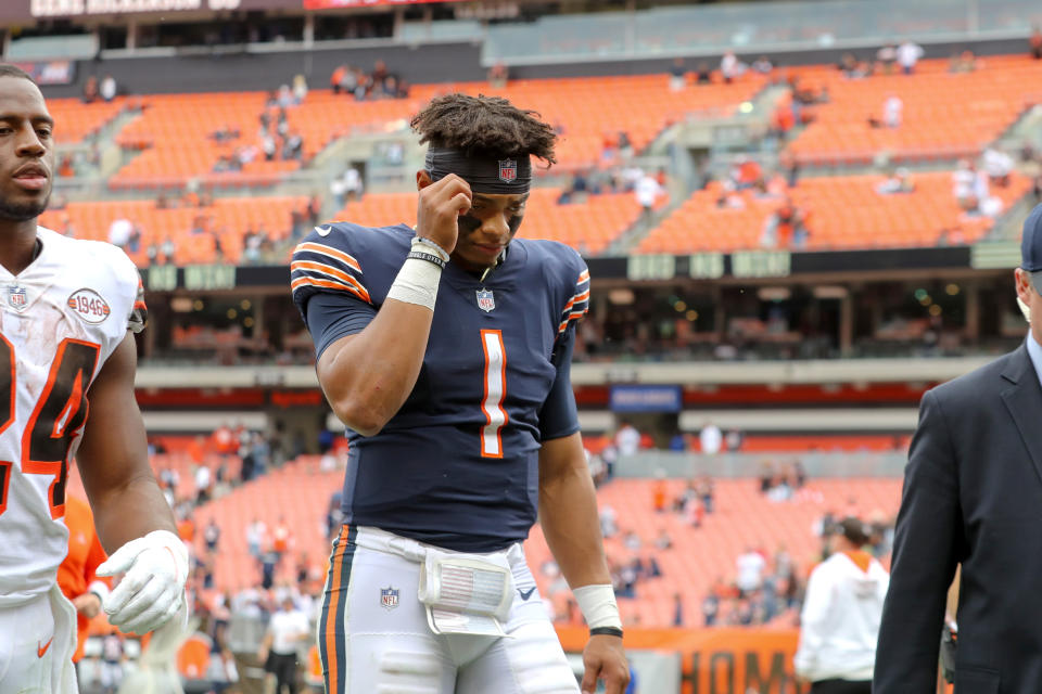 Chicago Bears quarterback Justin Fields (1) leaves the field after a loss to the Cleveland Browns on Sept. 26, 2021. (Frank Jansky/Icon Sportswire via Getty Images)