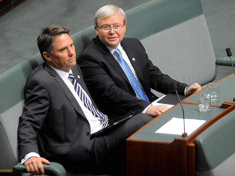 <p>Kevin Rudd relaxes during Question Time, prior to annoucing he won't contest the Labor leadership.</p>