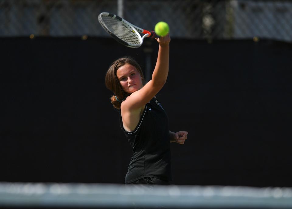 Isabella Derigo, of Okeechobee High School plays against Taylor Piccoli, of South Fork during the District 8-3A tennis championships on Wednesday, April 14, 2021, at Martin County High School in Stuart. Derigo won the match. 