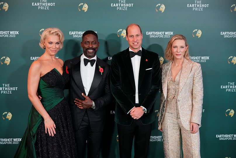 Prince William, Australian actress Cate Blanchett, British actress Hannah Waddingham, US actor Sterling K. Brown pose on the green carpet for the 2023 Earthshot Prize awards.