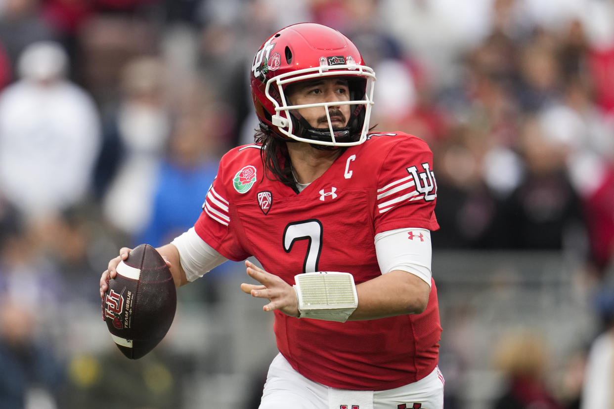 Utah quarterback Cameron Rising (7) looks to throw a pass during the first half in the Rose Bowl NCAA college football game against Penn State Monday, Jan. 2, 2023, in Pasadena, Calif. (AP Photo/Marcio Jose Sanchez)