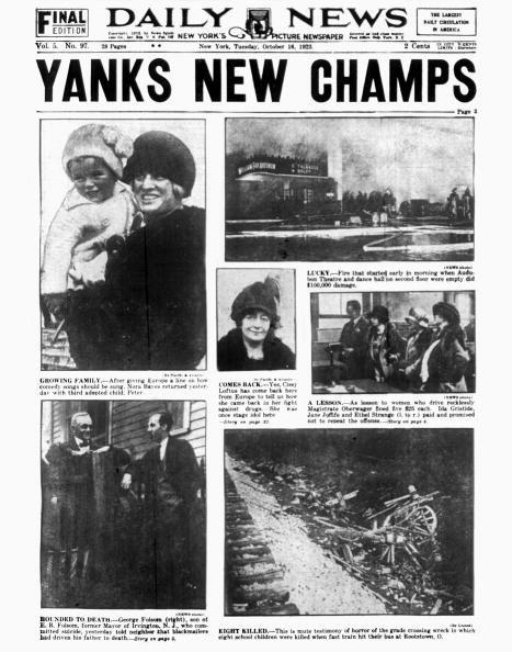 <p><strong>October 15, 1923</strong>: Culminating the spectacular opening season of The House that Ruth Built, the New York Yankees captured their first-ever World Series with a 6-4 victory over their arch-rivals, the New York Giants. "With his usual perfect timing, Babe Ruth slugged a home run, capping off a great Series in which he hit .368 with three round-trippers and eight RBI," Wallace says. A first championship under their belts, the Yankees would go on to win 27 more and counting.<br> </p>