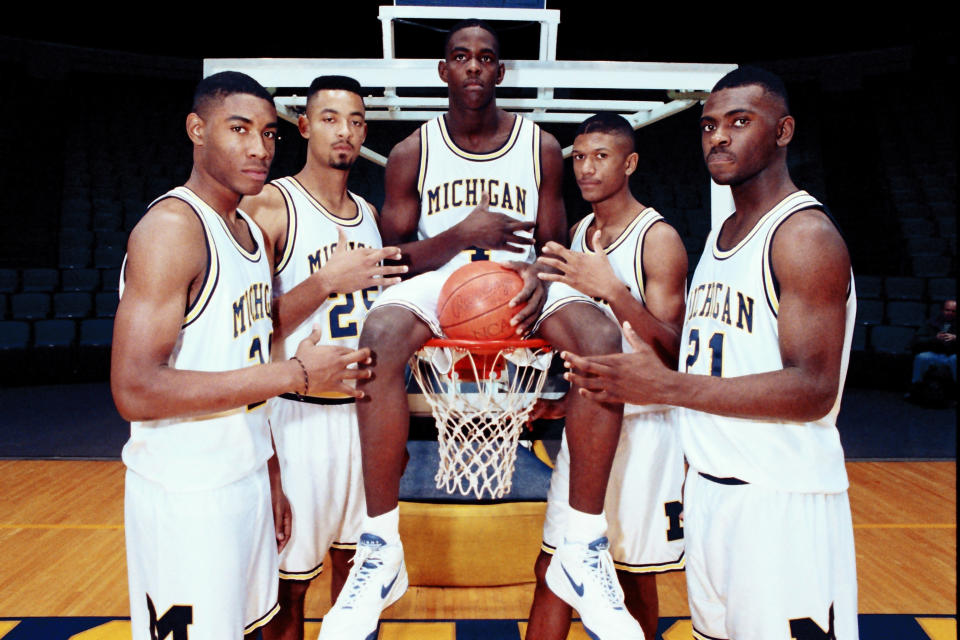 In 1991, a group of five freshmen shook college hoops to its core. Pictured are Michigan’s Fab Five from left, Jimmy King, Juwan Howard, Chris Webber, Jalen Rose and Ray Jackson. (AP)