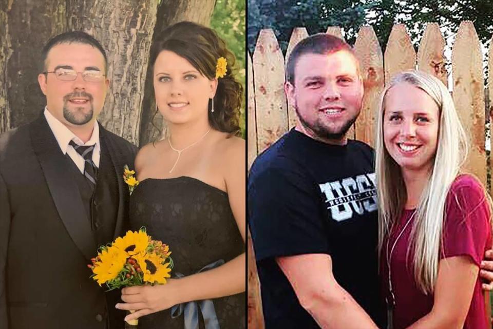 Nick Diemel, 35, and his wife Lisa are pictured on the left. Justin Diemel, 25, and his longtime girlfriend Taylor Moeller are pictured on the right.