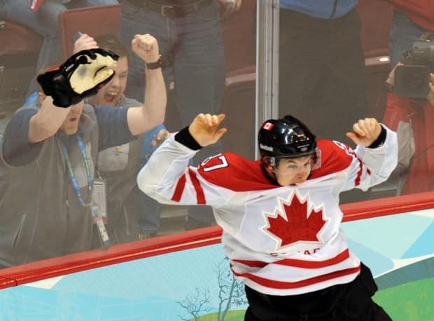 Sidney Crosby celebrates the Golden Goal that gave Canada a 3-2 win over the U.S. in the gold-medal game at the 2010 Olympics in Vancouver on Feb. 28, 2010.