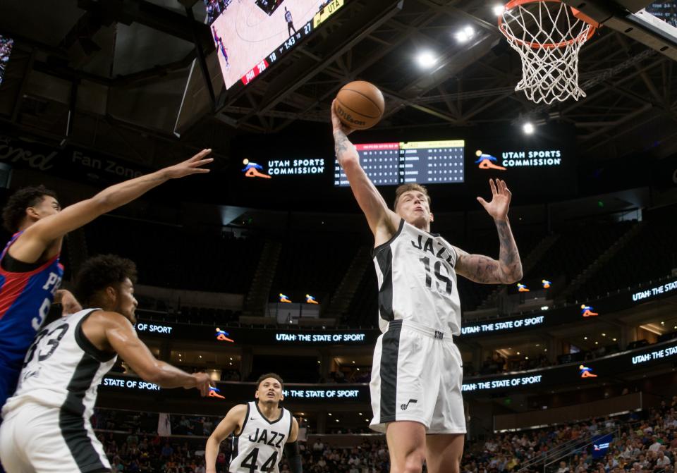 Utah Jazz forward Luka Samanic (19) snags a rebound as the Utah Jazz and Philadelphia 76ers play in Summer League action at the Delta Center in Salt Lake City on Wednesday, July 5, 2023. | Scott G Winterton, Deseret News