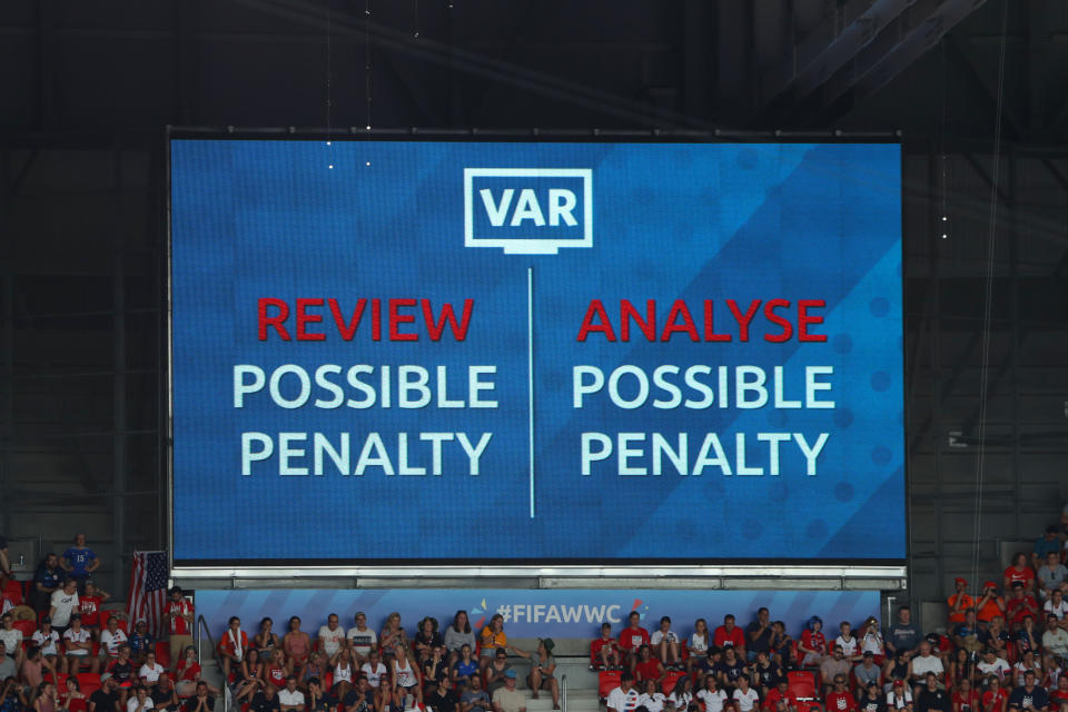 A VAR penalty review during the Women's World Cup France Final. (Photo by Robert Cianflone/Getty Images)